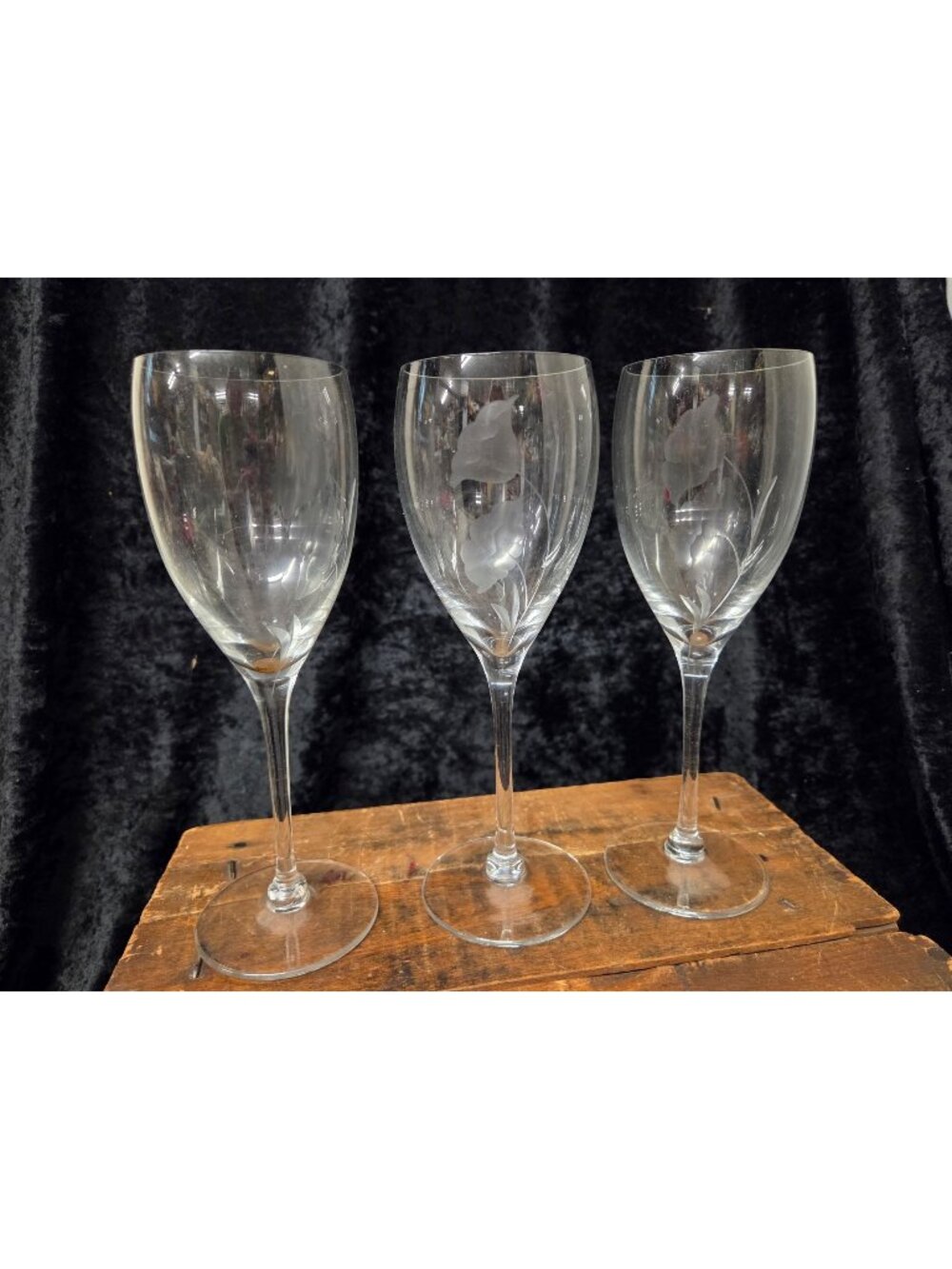 3 Clear Etched Tulip Floral Crystal Wine 8" Glasses